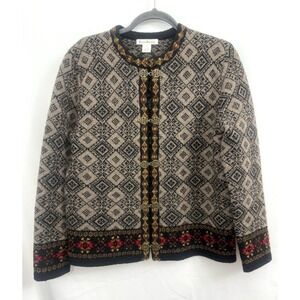 Susan Bristol 100% Wool Nordic Fair Isle Cardigan Sweater Metal Clasps Womens S